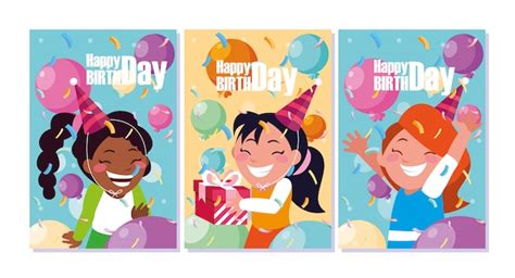 Birthday Card With Little Girls Celebrating Premium Vector