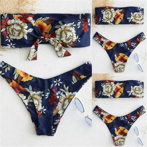 Women Bandeau Bikini Set Padded Strapless Floral Print Swimwear