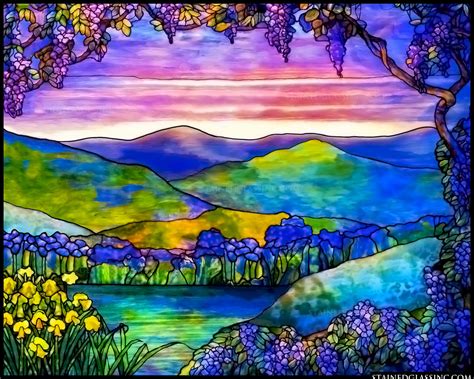 Landscape Of Sunset Colors Stained Glass Window
