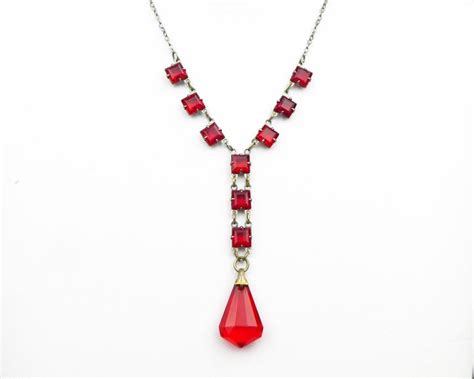 Czech Art Deco Red Glass Lavalier Y Drop Necklace 17 Etsy White Gold Earrings Diamond