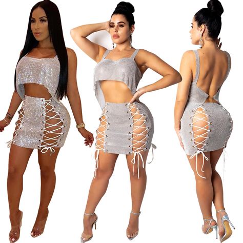 Women Outfits Chain Lace Up Sexy Club Two Piece Dresses Bling Short Crop Sleeveless Vest Mini