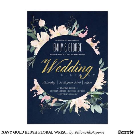 Navy Gold Blush Floral Wreath Watercolor Wedding Invitation Zazzle