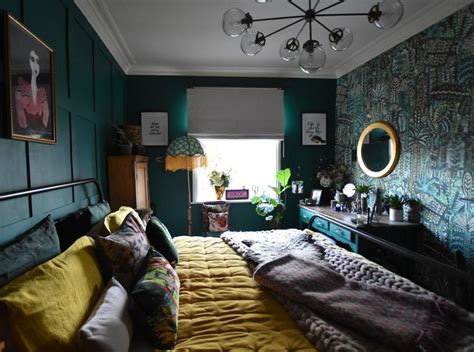 Maximalist Dark And Moody Green And Yellow Bedroom Eclectic Bedroom