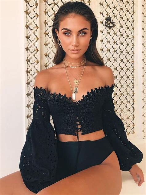 Lace Off Shoulder Puff Sleeves Blouses Shirts Tops Chicboho Black
