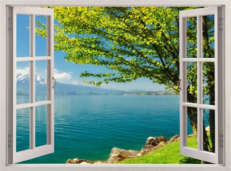 Mountain Lake Window View Removable Deca Wallpapers In 2020 Window