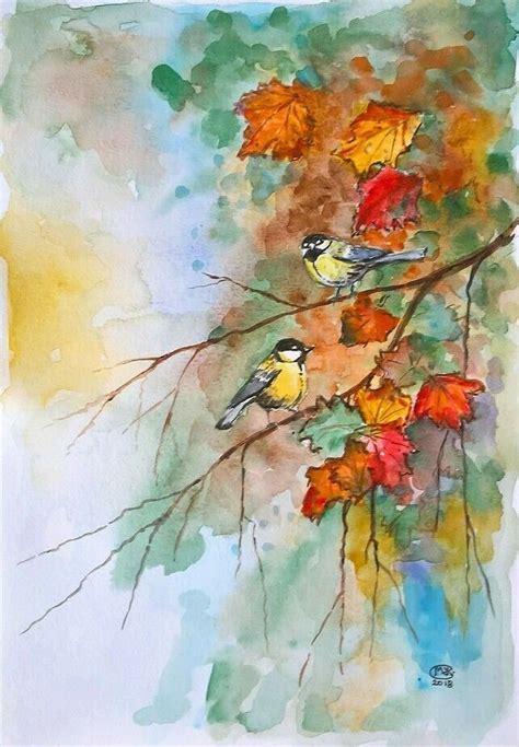 Now Soldtwo Birds In An Autumn Tree Original Painting Watercolor