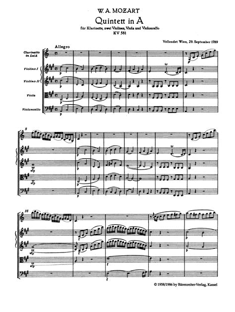 Mozart Clarinet Quintet K 581 Miniature Score Bärenreiter Camco