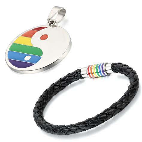 2pcs rainbow lgbt pride gay lesbian stainless steel necklaceandleather bracelet ebay