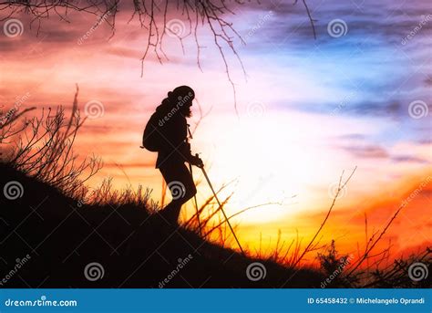 Girl Hiking In Silhouette Stock Photo Image Of People 65458432