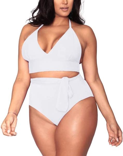 Womens White 2 Piece Plus Size High Waisted Tummy Control