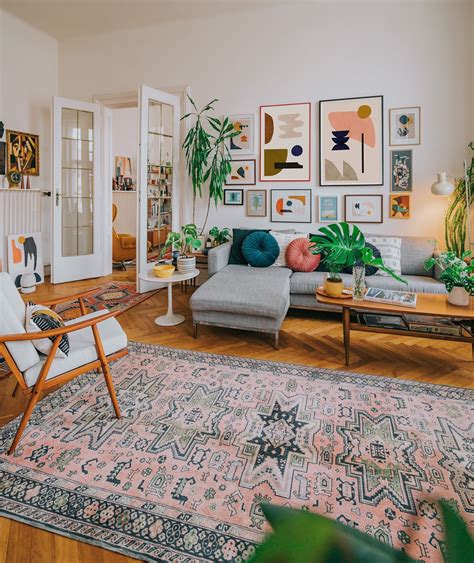 Mid-century boho interior with a large gallery wall using abstract art ...