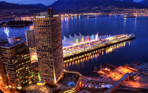 Wallpaper Vancouver Night River Building City Lights Hdr
