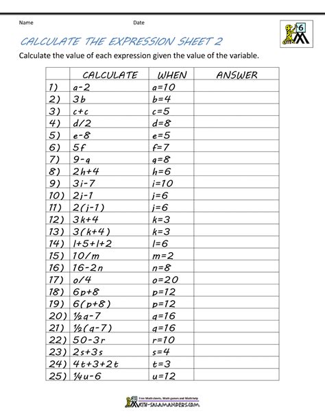 Evaluating Algebraic Expressions Worksheet By April Langelett Tpt 6th