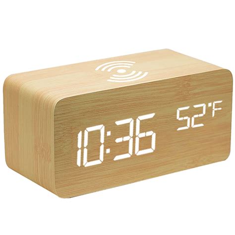 Zunammy Wooden Digital Led Alarm Clock With Wireless Charger Qi Pad