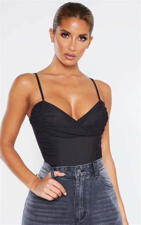 black mesh ruched panel bodysuit tops prettylittlething ie