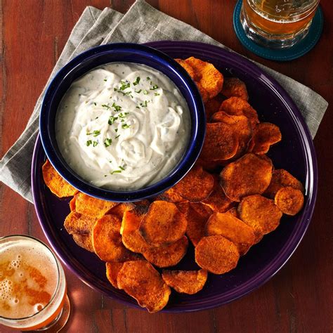 Spicy Sweet Potato Chips And Cilantro Dip Recipe Taste Of Home