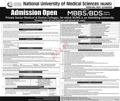 Nums National University Of Medical Sciences Admissions Mbbs 2020