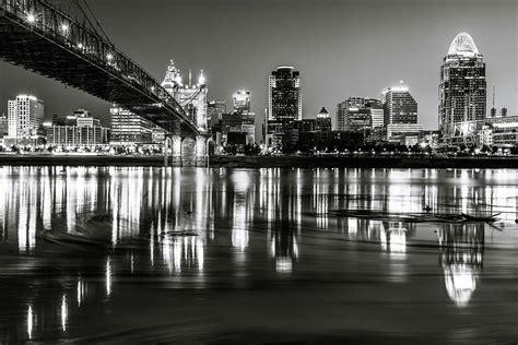 Skyline Reflections Of Cincinnati Ohio In Black And White Photograph By