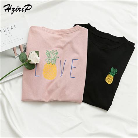 Hzirip 2018 New Women T Shirt Letters Pineapple Print O Neck Casual Loose Womens Short Sleeve