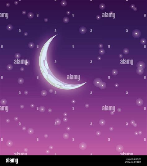 Clear Starry Moonlit Night With Crescent Moon Purple Vector Background