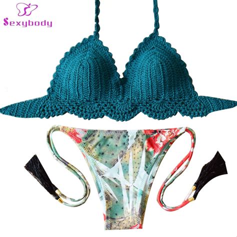 sexybody handmade crochet knitted brazilian bikini swimsuit summer beachwear lace up bathing