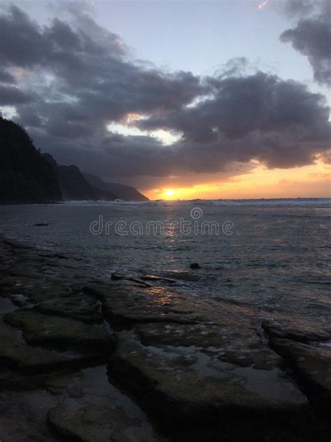 Na Pali Coast Cliffs During Sunset On Kauai Island Hawaii