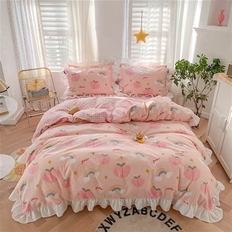 Soft Aesthetic Peaches And Rainbows Bedding Set Peach Bedding Pink