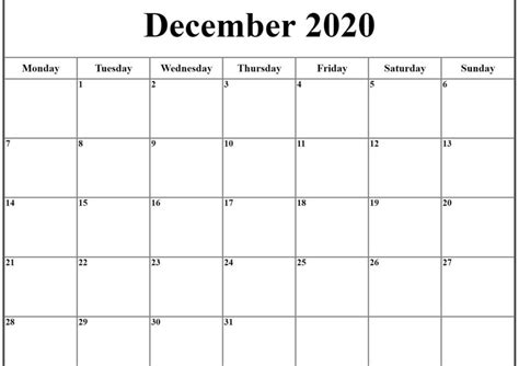 December 2020 Calendar Printable Printable World Holiday