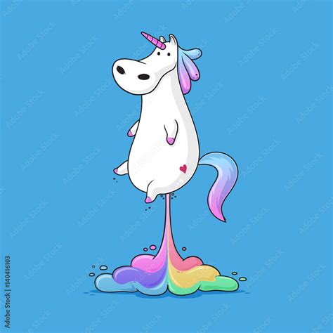 Photographie Cute Fat Unicorn Farting Rainbow Funny Vector Cartoon