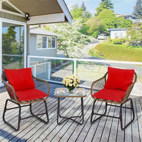 Sunrinx 3 Piece Wicker Outdoor Bistro Set With Red Cushions Mg20 10hwjj