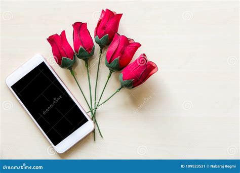 Few Red Rose Flowers With Mobile Stock Image Image Of Love Natural