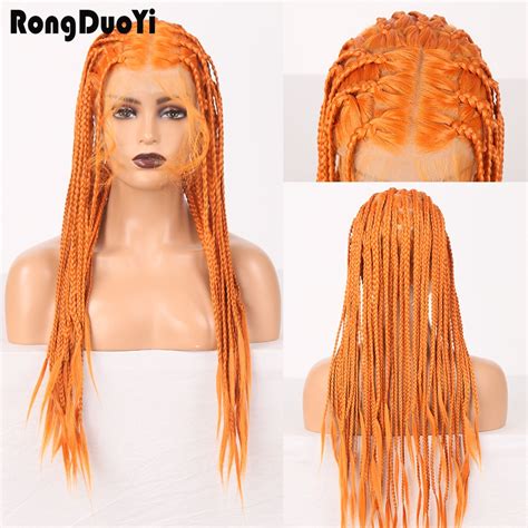 Synthetic Full Lace Wig Long Braided Box Braids Wigs For Women Orange Hair Lace Wigs Black High