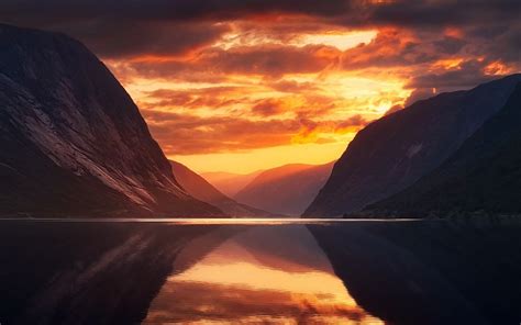 Landscape Nature Fjord Mountain Sun Rays Sunset Calm Sea Norway