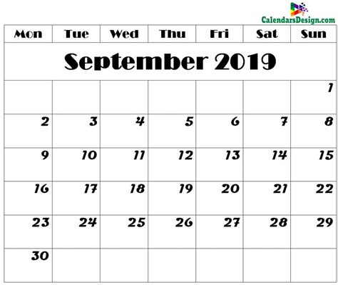 September 2019 Calendar Template