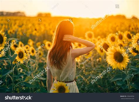 Young Redheaded Woman Field Sunflowers Stands Stock Photo 478649056
