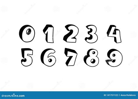 Vector Hand Drawn 3d Line Art Numbers Set Signs As Sketched Art