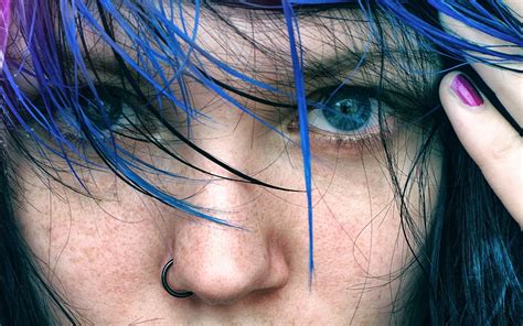 Wallpaper Face Women Portrait Blue Hair Blue Eyes Tattoo Piercing Pierced Nose Skin