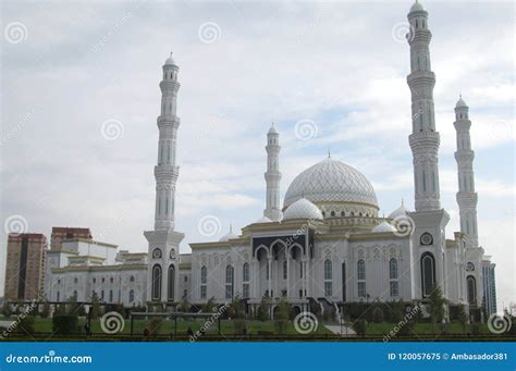 The Hazrat Sultan Mosque In Astana With Blue Cloudy Sky Kazakhstan