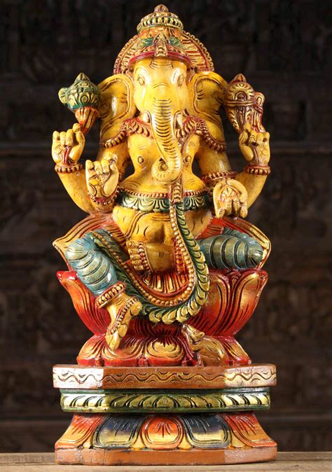 Sold Wooden Seated Yellow Ganesha Statue 24 96w1v