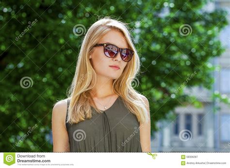 Charming Blonde Girl In Sunglasses Stock Image Image Of Neckline