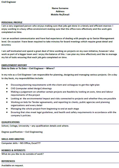 See a civil engineer resume sample that shows you can bring big projects to heel. Civil Engineer CV Example - icover.org.uk