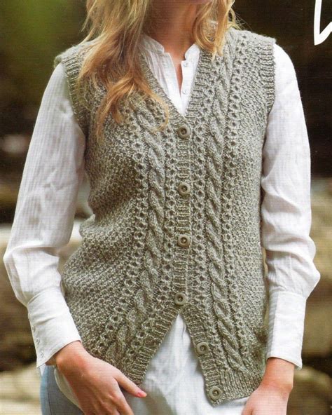 womens knitted button up aran v neck waistcoat knitting pattern pdf 32 42 ladies aran knitting