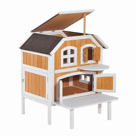 Pawhut 2 Story Wooden Raised Indoor Outdoor Cat House Cottage Wood