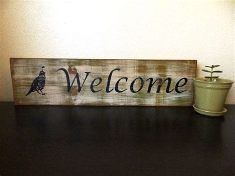Green Distressed Welcome Sign With Quail Home Decor Wood Etsy Hand