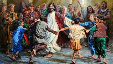 Here Is An Art Illustration Depicting Jesus Dancing With Children It