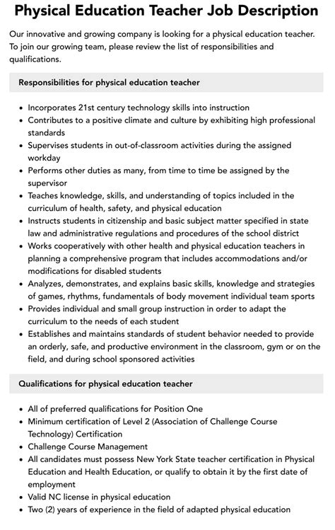 Physical Education Teacher Job Description Velvet Jobs