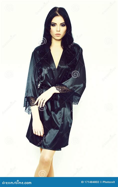 Girl Posing In Black Silk Robe Isolated On White Stock Photo Image Of
