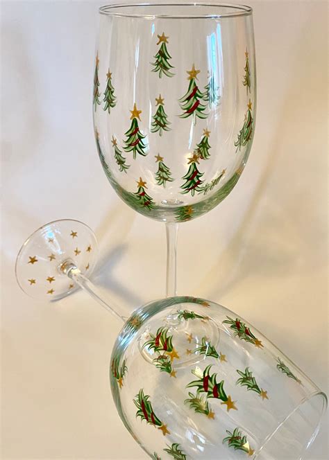 Hand Painted Christmas Tree Wine Glasses Set Of Two Lead Etsy
