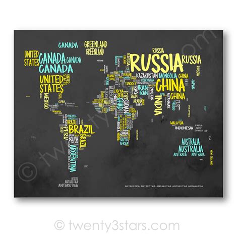 World Map Typography Map Canvas Or Art Print Choose Any