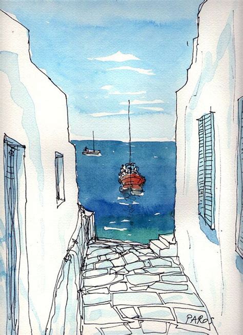 Paros Boat Greece Art Print From Original Watercolor Painting Greece